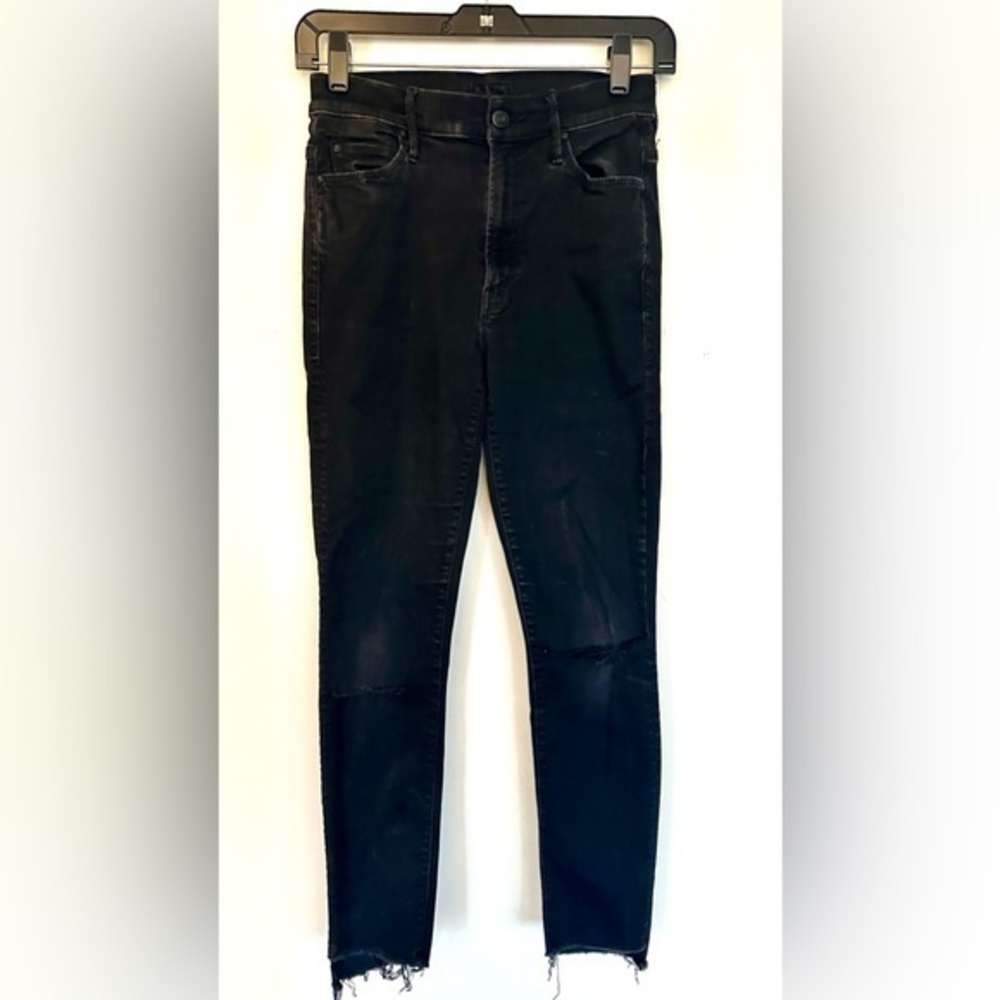 MOTHER Black Skinny Stretchy Denim Jeans Raw Edge Size